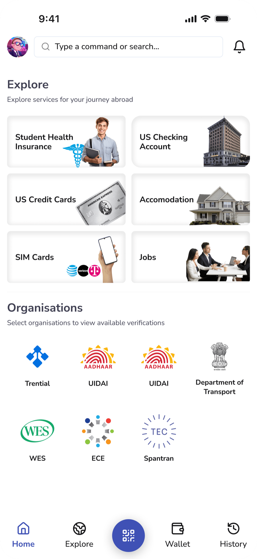 Trential Wallet home screen with Explore services and Organisations